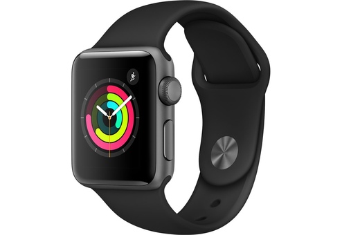 Apple Watch Series 3, 38 мм, корпус из алюминия цвета «серый космос», спортивный ремешок чёрного цвета