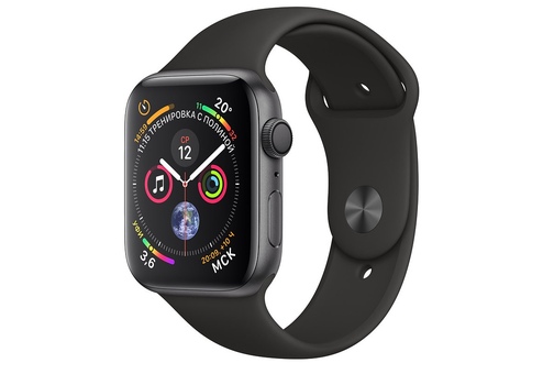 Apple Watch Series 4, 40 мм, корпус из алюминия цвета «серый космос», спортивный ремешок чёрного цвета