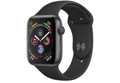 Apple Watch Series 4, 44 мм, корпус из алюминия цвета «серый космос», спортивный браслет чёрного цвета