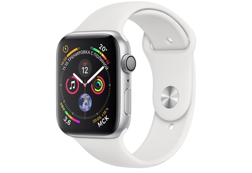 Apple Watch Series 4, 44 мм, корпус из алюминия серебристого цвета, спортивный ремешок белого цвета