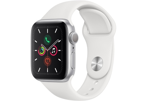 Apple Watch Series 5, 40 мм, корпус из алюминия серебристого цвета, спортивный браслет белого цвета