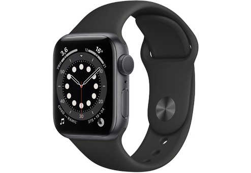 Apple Watch Series 6, 44 мм, корпус из алюминия цвета «серый космос», спортивный ремешок чёрного цвета