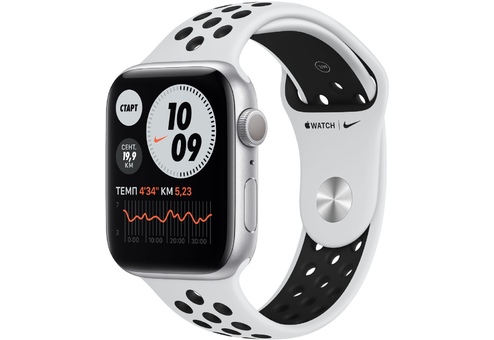 Apple Watch Nike Series 6, 40 мм, корпус из алюминия серебристого цвета, спортивный ремешок Nike цвета «чистая платина/чёрный»