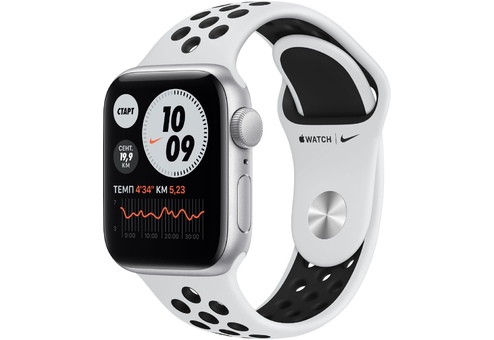 Apple Watch Nike SE, 44 мм, алюминия серебристого цвета, спортивный ремешок Nike цвета «чистая платина/чёрный»